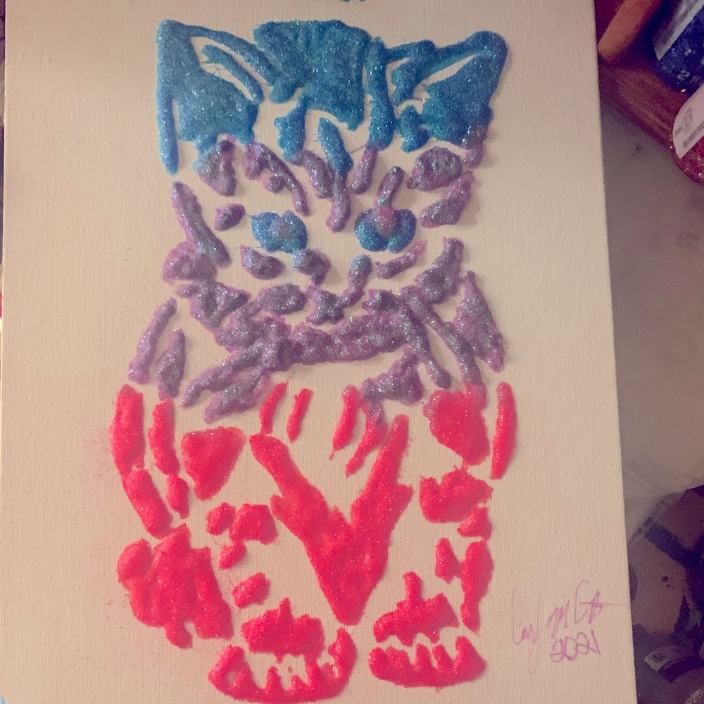 Pink purple blue glitter cat 8”X10”